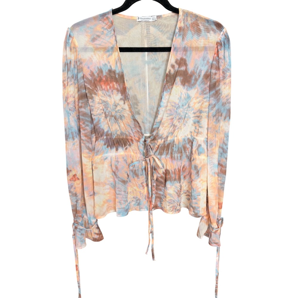 Stradivarius Tie Dye Mesh Tie Front Peplum Top Size L